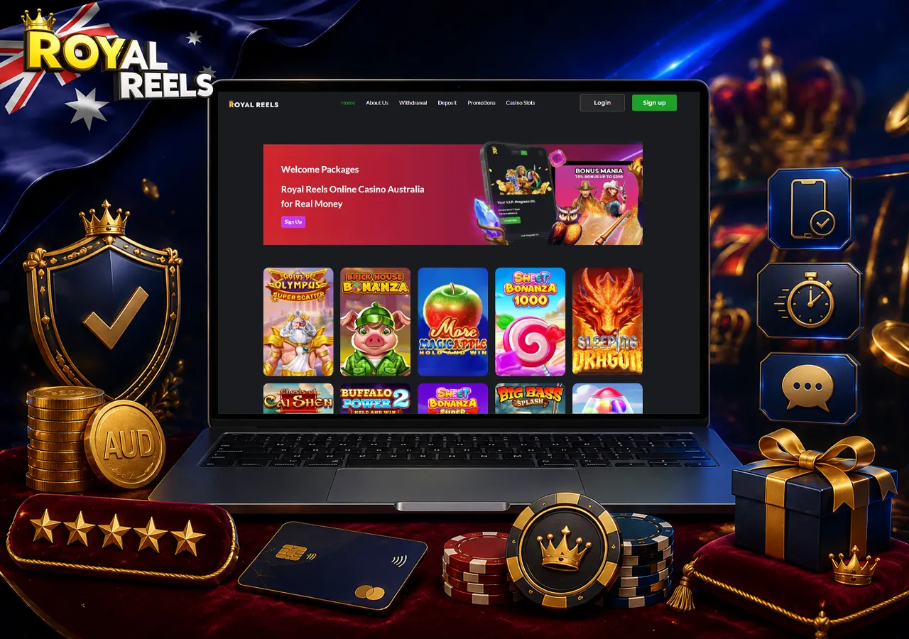 Main platform details with laptop interface, rating elements, licence badge and AUD payment cues