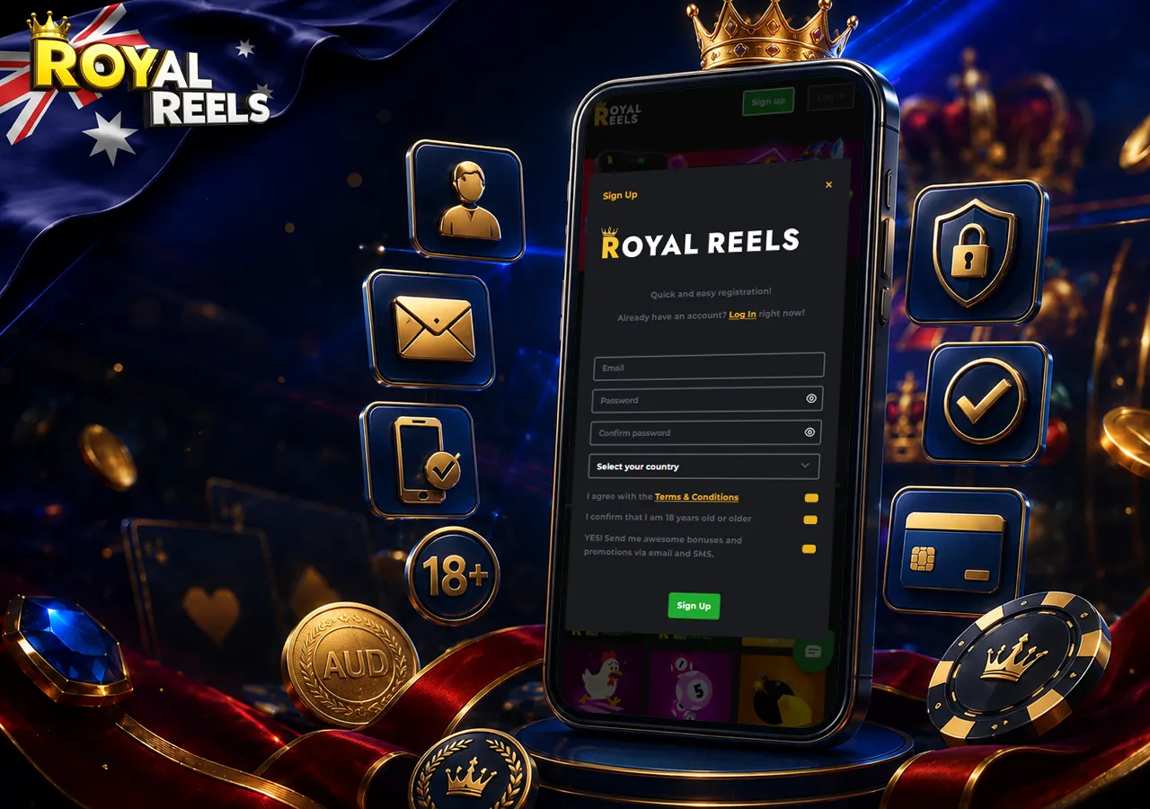 Registration process with email verification, age marker and welcome token on smartphone