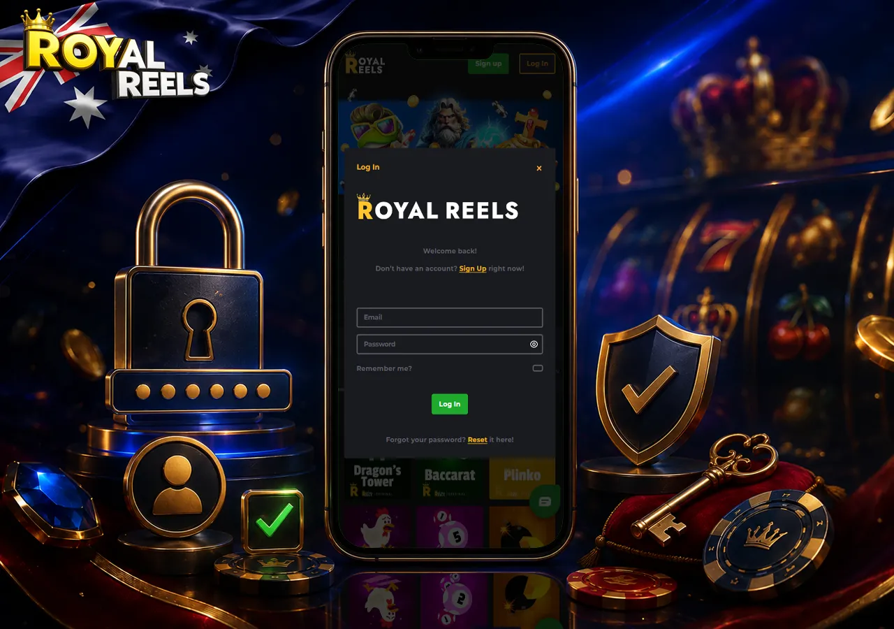 Account access scene with secure lock, player profile cue and quick lobby entry